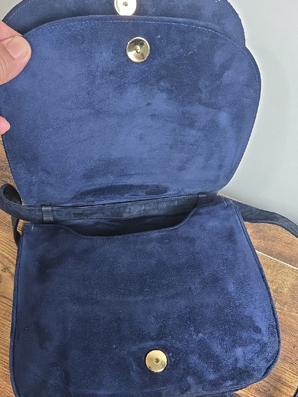 Vintage Salvatore Ferragamo Blue Suede Shoulder Bag with Gold Accent Euro Boho - Picture 7 of 12
